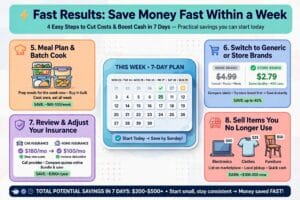 Fast Results: Save Money Fast Within a Week 5. Meal Plan and Batch Cook Groceries and takeout combined are often one of the biggest controllable expenses in any budget. Planning meals for the week and batch cooking on one day typically cuts food spending by 20-30% almost immediately, while also saving time during busy weekdays. 6. Switch to Generic or Store Brands For most household items — medications, pantry staples, cleaning supplies — store brands are nearly identical to name brands at 20-40% lower cost. This is one of the easiest ways to save money fast without changing your actual shopping habits or routine. 7. Review and Adjust Your Insurance Shop your car and home insurance rates against 2-3 competitors. Rates change frequently, and loyalty rarely gets rewarded — many people save several hundred dollars a year simply by re-shopping policies they've had for years without checking. 8. Sell Items You No Longer Use Unused electronics, clothes, furniture, and equipment sitting around your home can be converted to cash within days through online marketplaces. This isn't a long-term strategy, but it's one of the fastest ways to generate an immediate cash boost toward a savings goal. Not sure where your money is actually going each month? Use our free Budget Calculator to see your full spending breakdown in seconds.
