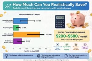 How Much Can You Realistically Save? Combining even a handful of these tips typically produces noticeable results within 30 days. As a rough example: Canceling unused subscriptions: $50-$150/month Negotiating bills: $20-$50/month Meal planning instead of takeout: $100-$300/month Switching to generic brands: $30-$80/month Combined, that's potentially $200-$580 in monthly savings from changes that take less than a few hours total to implement — without touching your income at all.