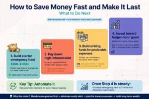How to Save Money Fast and Make It Last: What to Do Next Once you start seeing real results, it's important to direct that extra money intentionally rather than letting it quietly disappear back into spending. Consider this priority order: Build a starter emergency fund ($500-$1,000) if you don't have one yet. Our Emergency Fund Calculator can help you set a target. Pay down high-interest debt — every dollar saved here is guaranteed "return" equal to your interest rate. Build sinking funds for predictable upcoming expenses so you never have to scramble again. Invest the rest toward longer-term goals once your short-term foundation is solid.