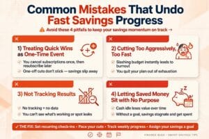 Common Mistakes That Undo Fast Savings Progress Treating quick wins as a one-time event. Canceling a subscription once doesn't help if you resubscribe to something else a month later. Make these audits a recurring quarterly habit. Cutting too aggressively, too fast. Extreme restriction often backfires into burnout spending. Sustainable savings beats an unsustainable sprint. Not tracking the results. Without measuring your progress, it's easy to lose motivation. According to research highlighted by the Consumer Financial Protection Bureau, automating savings significantly increases the odds of hitting savings goals compared to manual saving alone. Letting saved money sit with no purpose. Money saved without a clear destination (debt, emergency fund, goal) tends to get spent eventually. Assign every saved dollar a job.