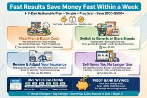 Fast Results: Save Money Fast Within a Week 5. Meal Plan and Batch Cook Groceries and takeout combined are often one of the biggest controllable expenses in any budget. Planning meals for the week and batch cooking on one day typically cuts food spending by 20-30% almost immediately, while also saving time during busy weekdays. 6. Switch to Generic or Store Brands For most household items — medications, pantry staples, cleaning supplies — store brands are nearly identical to name brands at 20-40% lower cost. This is one of the easiest ways to save money fast without changing your actual shopping habits or routine. 7. Review and Adjust Your Insurance Shop your car and home insurance rates against 2-3 competitors. Rates change frequently, and loyalty rarely gets rewarded — many people save several hundred dollars a year simply by re-shopping policies they've had for years without checking. 8. Sell Items You No Longer Use Unused electronics, clothes, furniture, and equipment sitting around your home can be converted to cash within days through online marketplaces. This isn't a long-term strategy, but it's one of the fastest ways to generate an immediate cash boost toward a savings goal. Not sure where your money is actually going each month? Use our free Budget Calculator to see your full spending breakdown in seconds.
