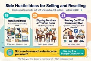 Side Hustle Ideas for Selling and Reselling
19. Retail Arbitrage
Buying discounted or clearance items and reselling them online for profit is a legitimate side hustle for people who enjoy shopping and spotting deals.
20. Flipping Furniture or Thrifted Items
Refurbishing and reselling furniture or secondhand finds combines creativity with profit — a popular side hustle idea for people who enjoy hands-on projects.
21. Renting Out What You Already Own
A spare room, parking space, tools, or even a car can generate passive income when rented out during periods you're not using them yourself.
Not sure how much extra income you actually need? Use our free Budget Calculator to see exactly where your money is going and how much a side hustle could realistically close the gap.