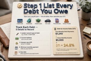 Person reviewing a debt payoff plan with a calculator and notebook
