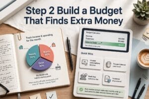 Person reviewing a debt payoff plan with a calculator and notebook
