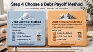 Person reviewing a debt payoff plan with a calculator and notebook
