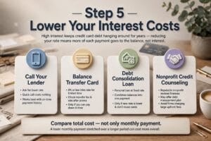 Person reviewing a debt payoff plan with a calculator and notebook