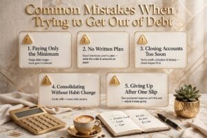 Person reviewing a debt payoff plan with a calculator and notebook