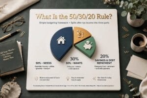 50/30/20 rule budget breakdown chart showing needs, wants and savings