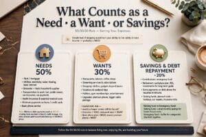 50/30/20 rule budget breakdown chart showing needs, wants and savings