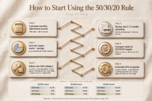 50/30/20 rule budget breakdown chart showing needs, wants and savings