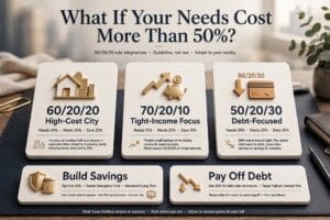 50/30/20 rule budget breakdown chart showing needs, wants and savings