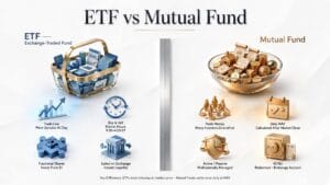 ETF vs mutual fund comparison chart showing fees, taxes and trading differences