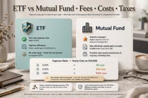 ETF vs mutual fund comparison chart showing fees, taxes and trading differences