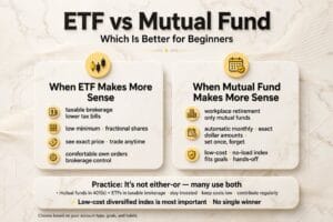 ETF vs mutual fund comparison chart showing fees, taxes and trading differences