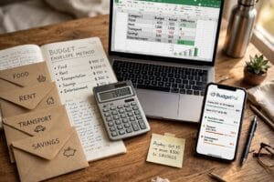 how to budget for beginners with notebook, calculator and monthly budget plan
