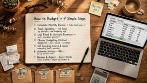 how to budget for beginners with notebook, calculator and monthly budget plan