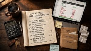 zero-based budgeting worksheet with income, expenses and every dollar assigned