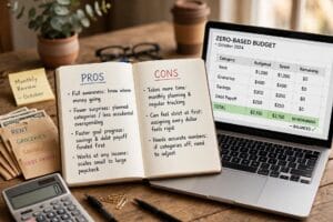 zero-based budgeting worksheet with income, expenses and every dollar assigned