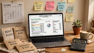 budget on $3,000 a month example with monthly bills, groceries and savings