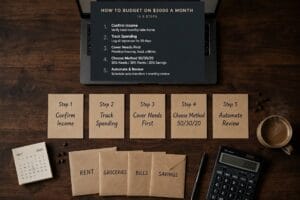 budget on $3,000 a month example with monthly bills, groceries and savings
